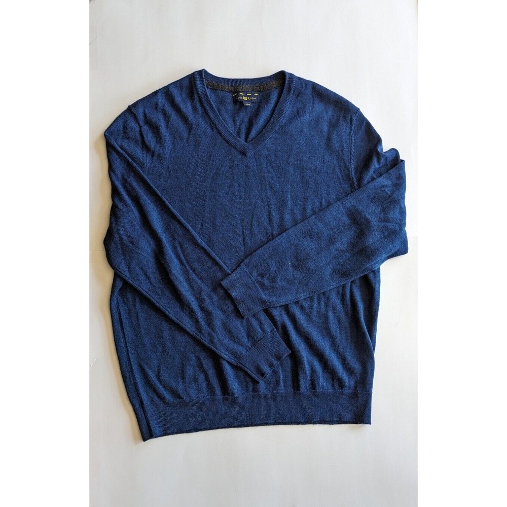 Club Room Sweater Men's L  Solid V-Neck Merino Wool Blend  Blue